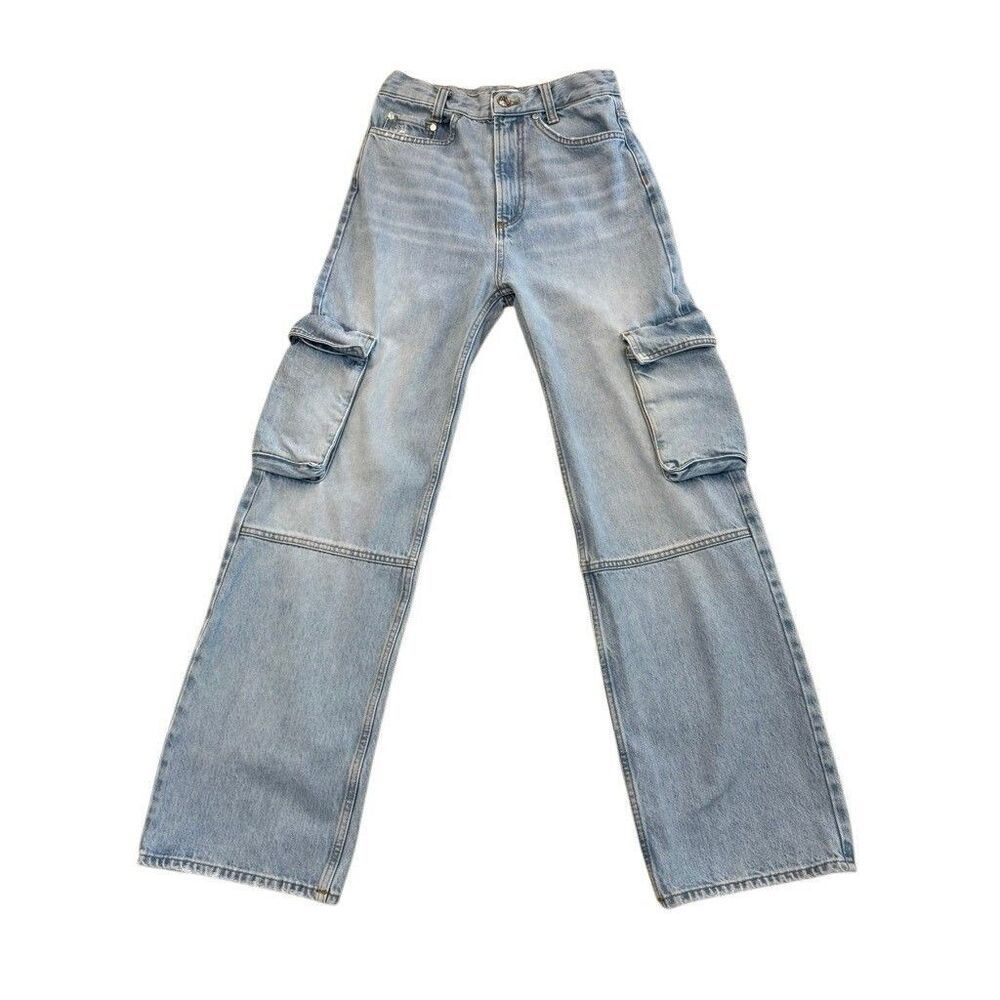 Sandro High Rise Cargo Jeans Light Wash Faded Denim Pockets Size 36 US 4